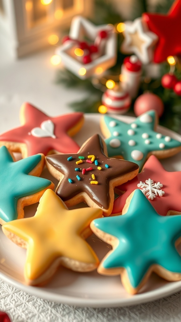 A festive plate of star-shaped cookies decorated with icing and sprinkles.